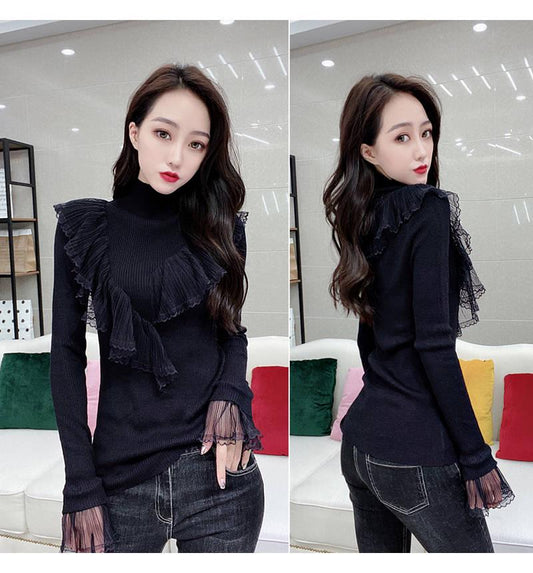 Women Sexy Lace Ruffles Base Jumper Turtleneck Solid Color Knitwear Slim Bottoming Sweaters