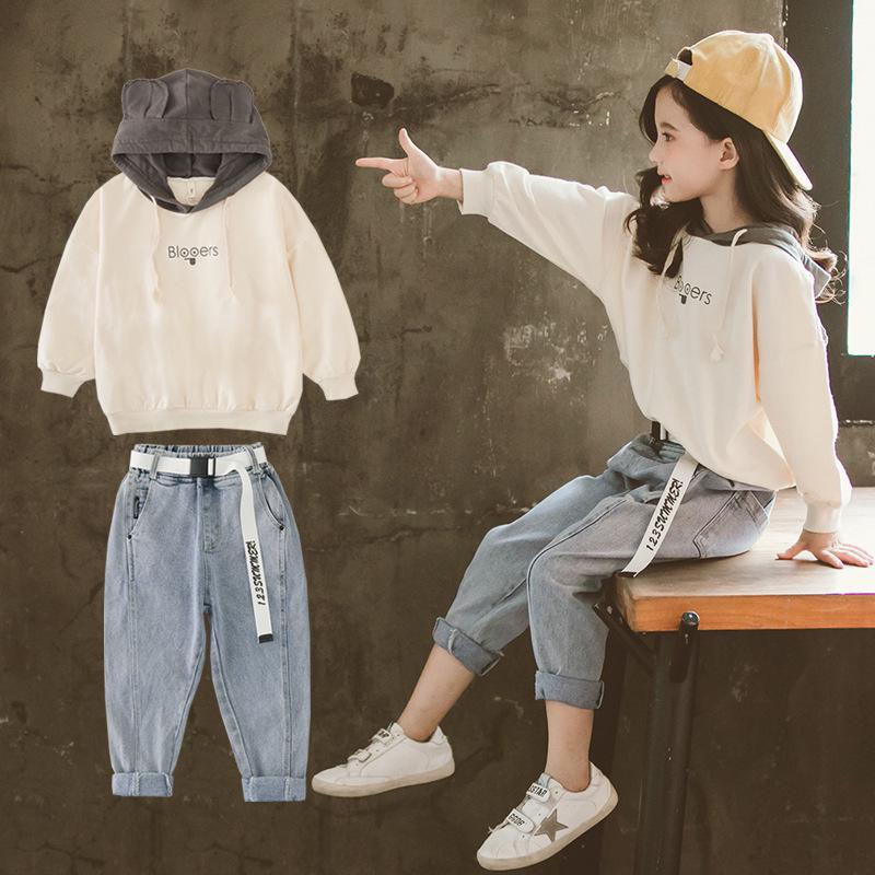 Fashion Children's Clothing Girls Pullover Hooded Sweater Jeans Two-piece Casual Spring and Autumn Loose Sports Suit