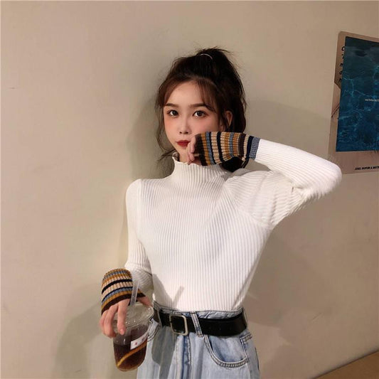 Slim Long-sleeved Turtleneck Sweater Women's Pullover Knitted Bottoming Striped Sweater
