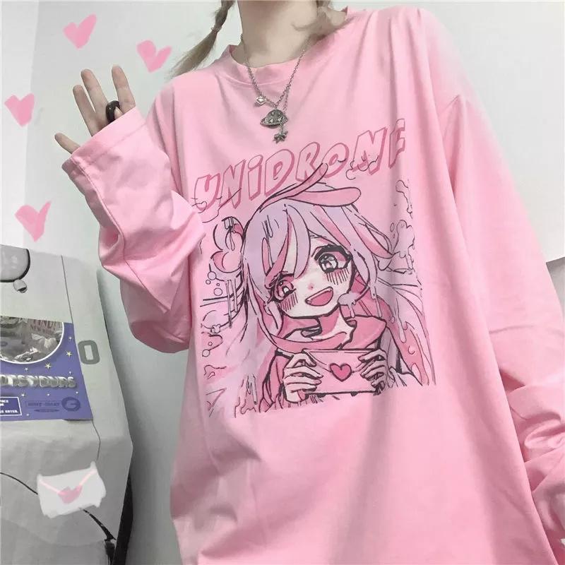 Ruili Cute Avant-garde Long-sleeved T-shirt Ruili Kawai Long T Pink Kpop Long-sleeved Loose Oversized Clothing