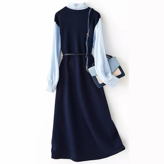Fake Two-piece Spliced Knitted Warm Dress Female Autumn A-line Version Waist High-end Slim Temperament Long Skirt