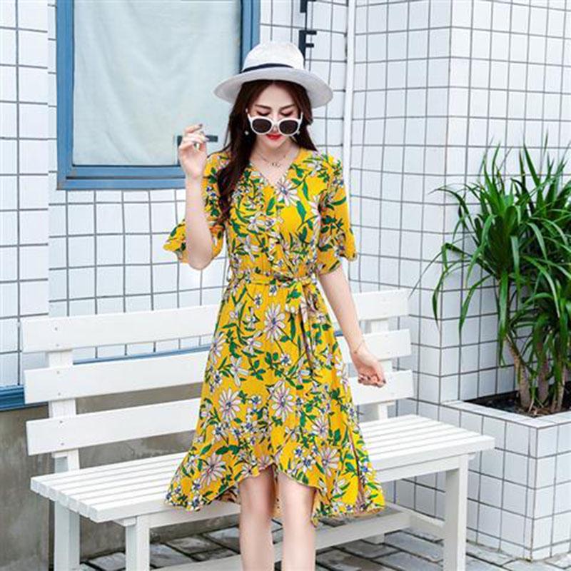 Fashion Summer Cotton Drawstring Dress Medium-length Floral Dress Belt Flare Sleeve Irregular Dress