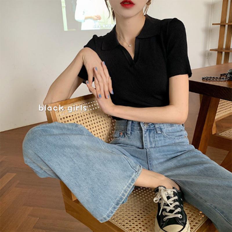 Summer V-neck Short-sleeved Knitted Sweater Women's Korean Version Slim Fit and Thin All-match French Girl Retro Hong Kong Style Short Top