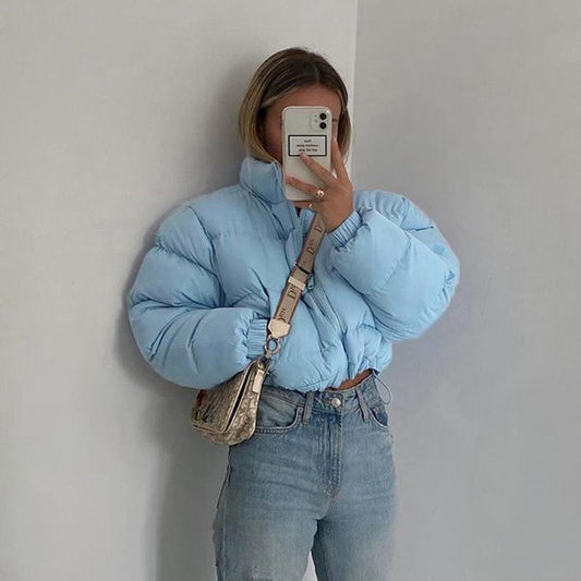 2021 New Women Parkas Thick Warm Winter Jackets Solid Black Blue Fashion Night Club Sexy Short Coats Crop Tops Turtleneck Casual Female Down Jacket N