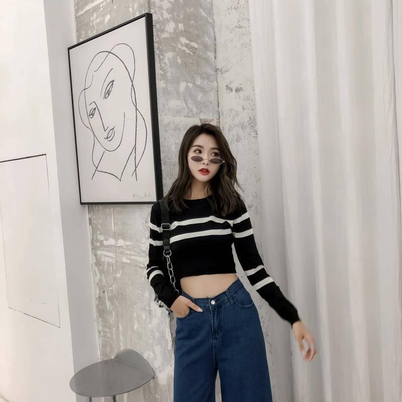 Pofulove Sexy Slim Waist Round Neck Pullover Short Striped Sweater Women Open Navel Knitwear