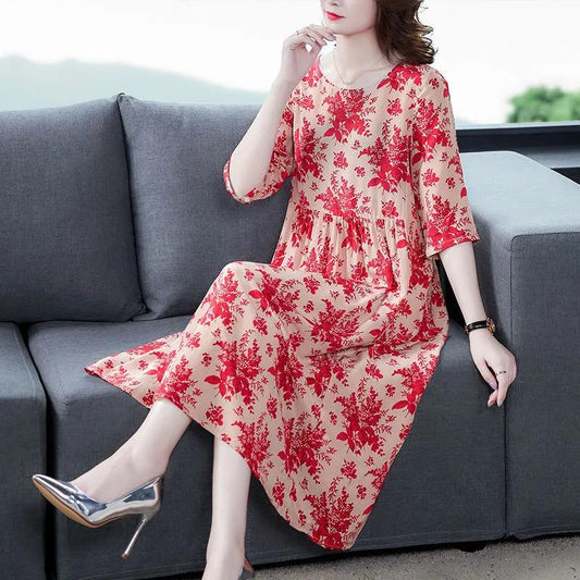 Women's A-line Skirt Plus Size Loose Long Printed Dress Slim Round Neck Dress