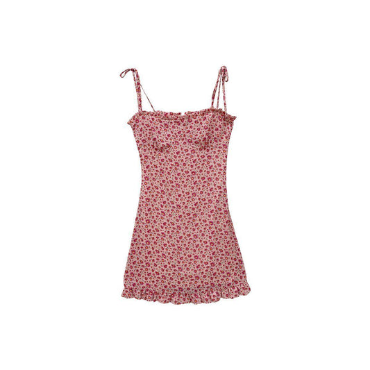 Women's Summer French Elegant Retro Pink Floral Suspender with Ruffle Bra Dress