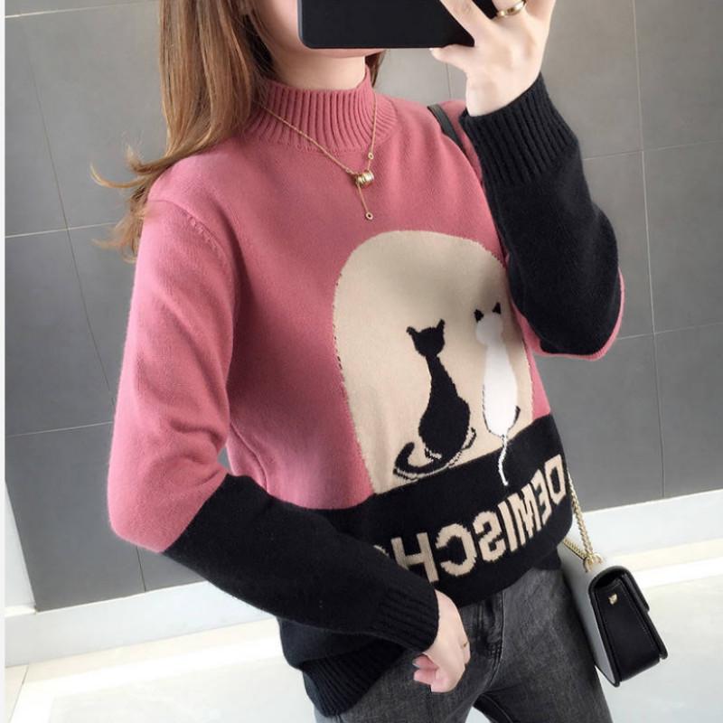 Pofulove Color Matching Knitted Base Shirt Shirt Autumn and Winter Loose Sweater Women Thickening