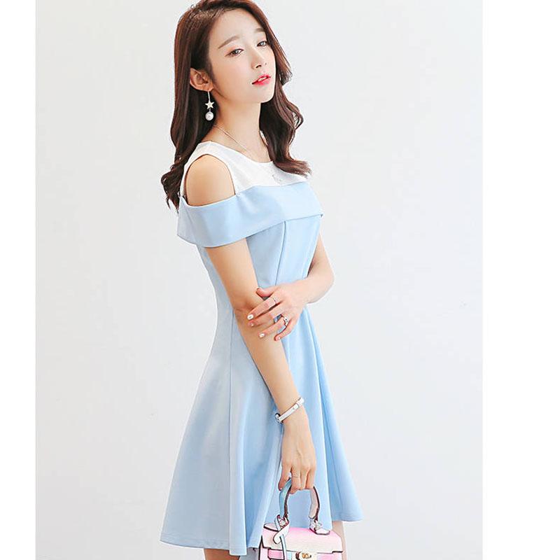 Pofulove Summer Off-shoulder Round Neck Dress Stitching Sweet A-line Dress Sleeveless Sundress