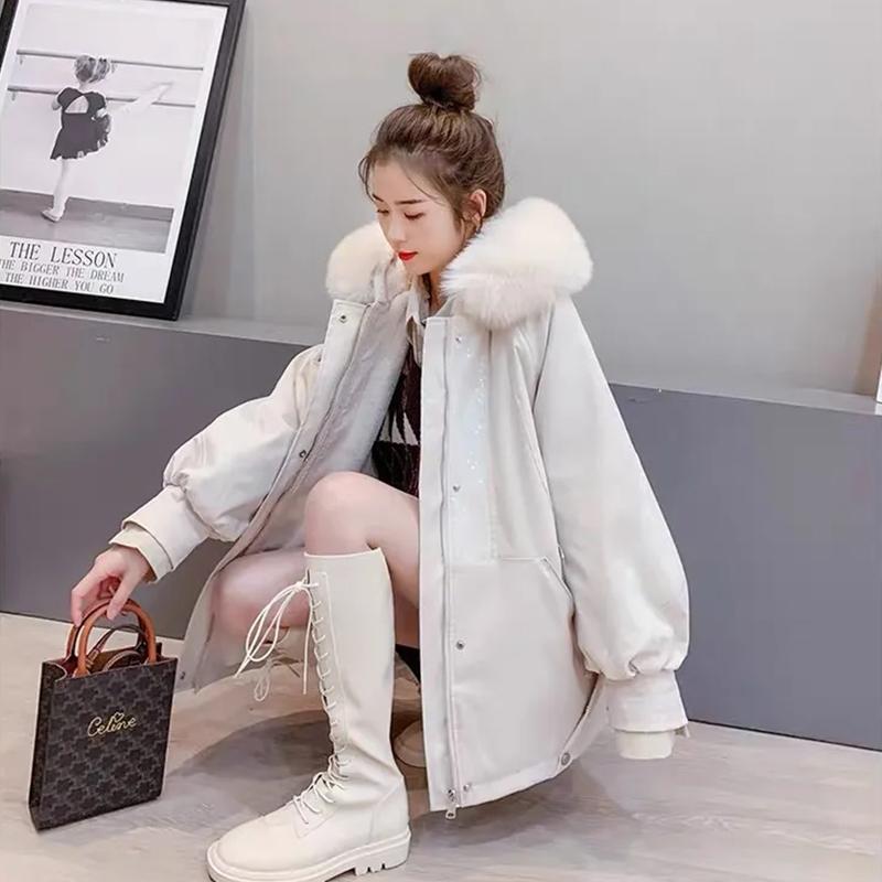 Women's Winter Plus Velvet Thickened Mid-length Coat Sequin Stitching Pie To Overcome Cotton-padded Clothes Wool-collar Loose Warm Jacket
