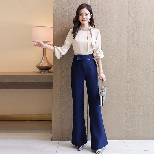Wide Leg Pants Suit Spring and Autumn Dress Temperament Small Fragrance Thin Flared Pants Chiffon Shirt Suit Temperament Workwear