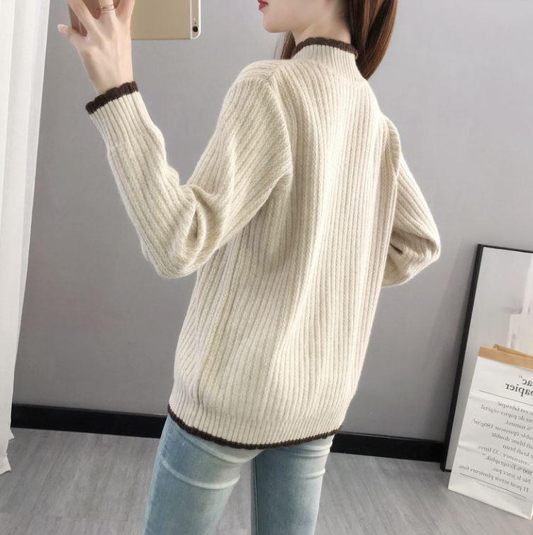 Half Turtleneck Thickened Pullover Sweater Women Fashion Splicing Short Long Sleeve Sweater