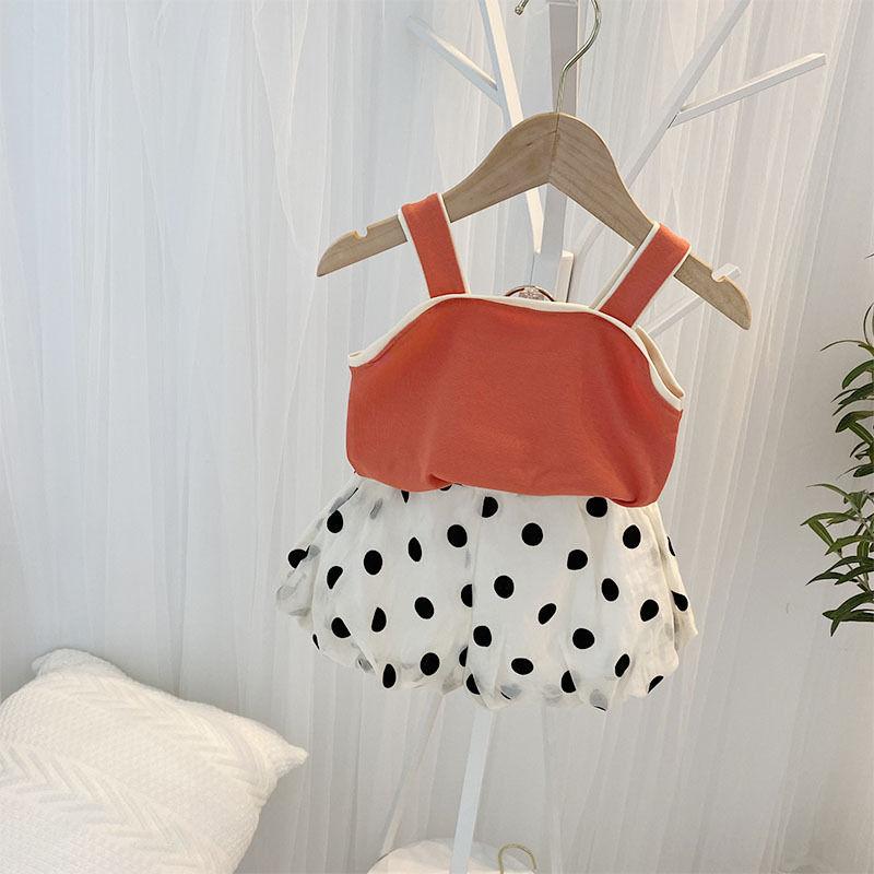 2PCS Children Clothing Set Spring Summer Sling Girls Suits Wave Point Sleeveless Tops + Pants Clothing Set