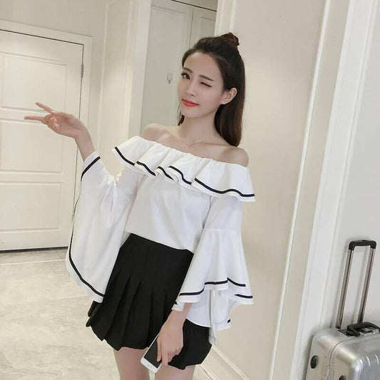 One Word Neck Strapless Sexy Loose Ruffled Flared Sleeve Shirt Ladies Chiffon One Word Neck Strapless Sweet Sexy Shirt Elegant Temperament