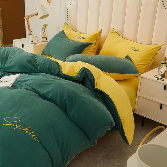 Four Seasons Simple Embroidery Thickening Brushed Four-piece Household Duvet Cover Dormitory Bedding Set