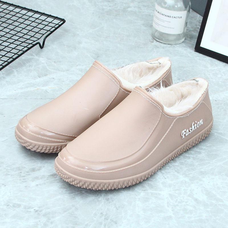 Women's Shallow Mouth Low-top Outer Wear Plus Fleece Flat Shoes Waterproof Non-slip Winter Cotton Rubber Shoes