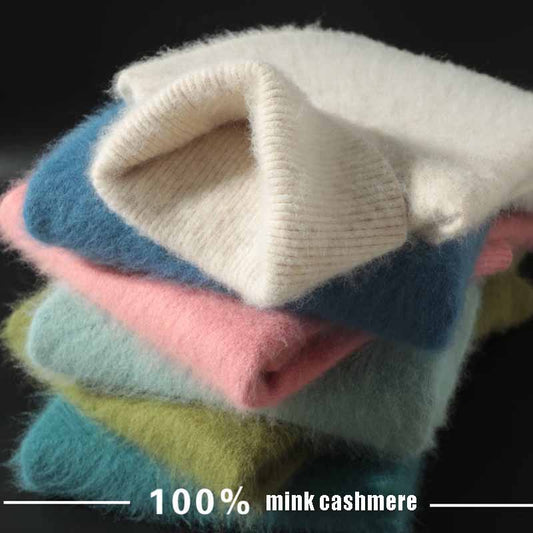 Women's Turtleneck Mink Sweater Thick Warm Slim Pullover Sweater 100% Real Mink Hair Fuzzy Sweater