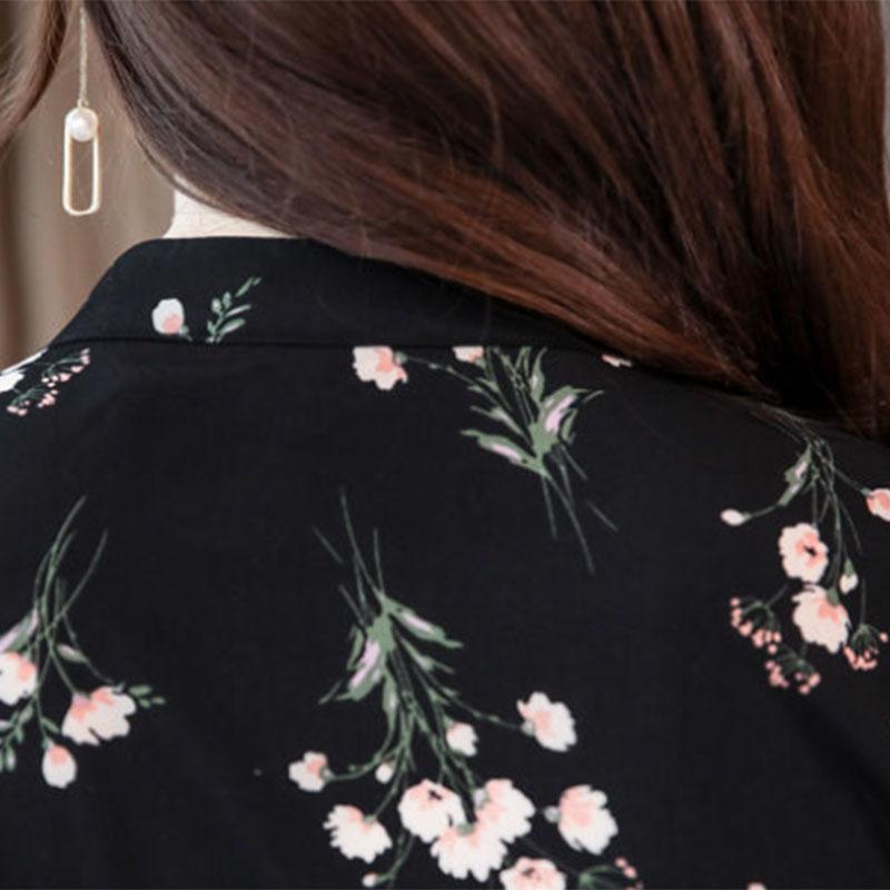 Women's Spring and Autumn Floral Dress Long Sleeve A-Line Stand Collar Mid-length Skirt Shirt Sleeve