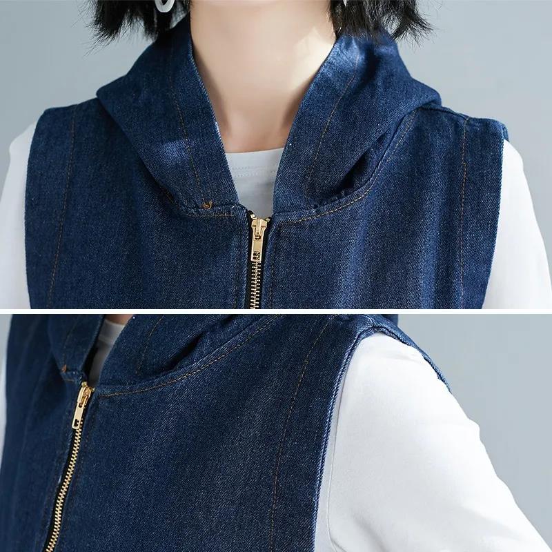 Large Size Denim Vest Women Spring and Autumn New Mid-length Casual Loose Hooded Waistcoat Jacket Hooded Zipper Jacket
