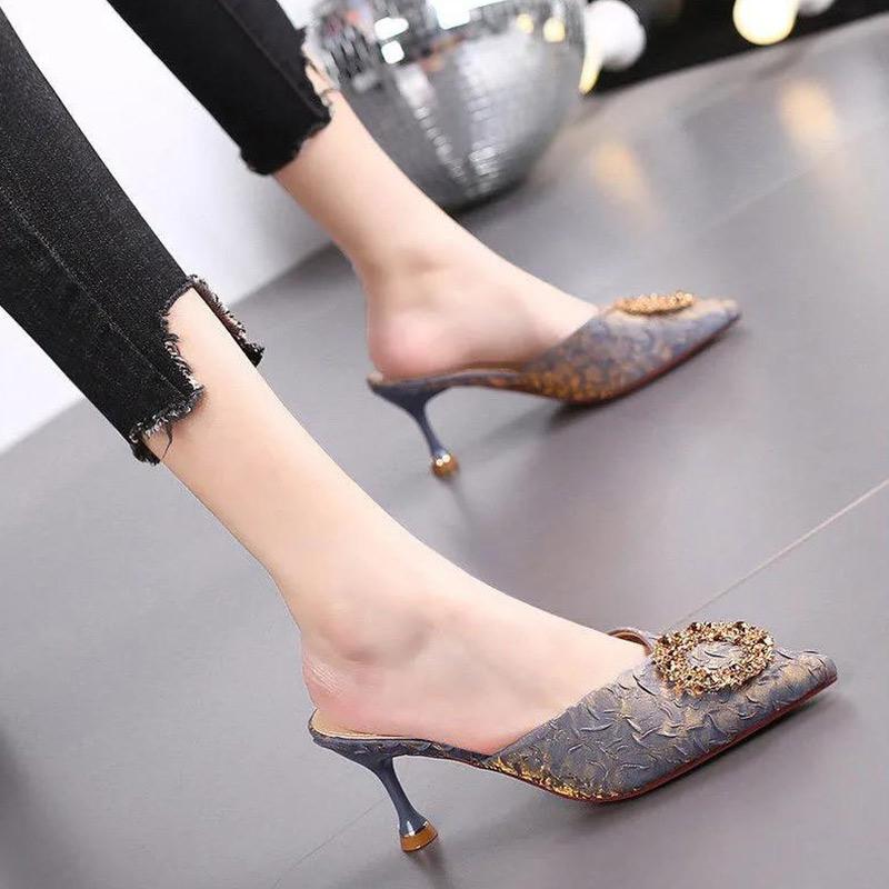 Satin Toe Half Slippers Girls Summer Outer Wear Pointed Toe Stiletto Sandals and Slippers