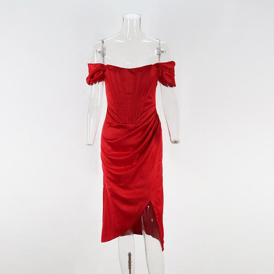 Stretch Satin Elegant Dress Women High Split Off Shoulder Sexy Party Dress Summer Dresses With Fishbone Vestidos