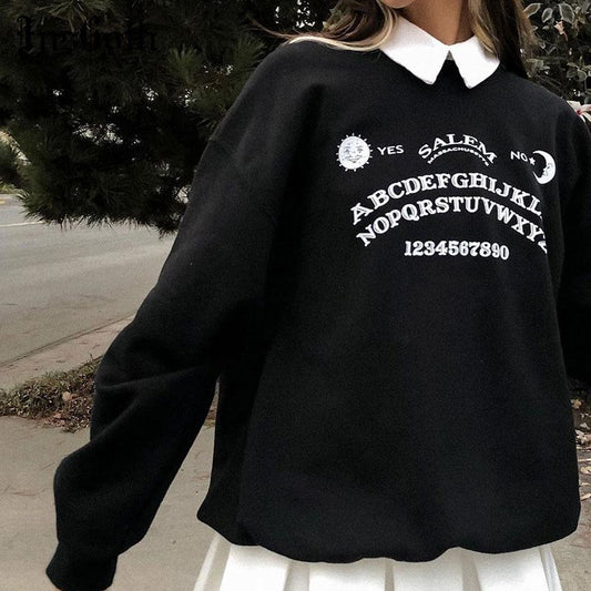 Black Grunge Oversized Hoodies Gothic Harajuku Streetwear Chic Letter Print Hoodies Women Long Sleeve Hoodies