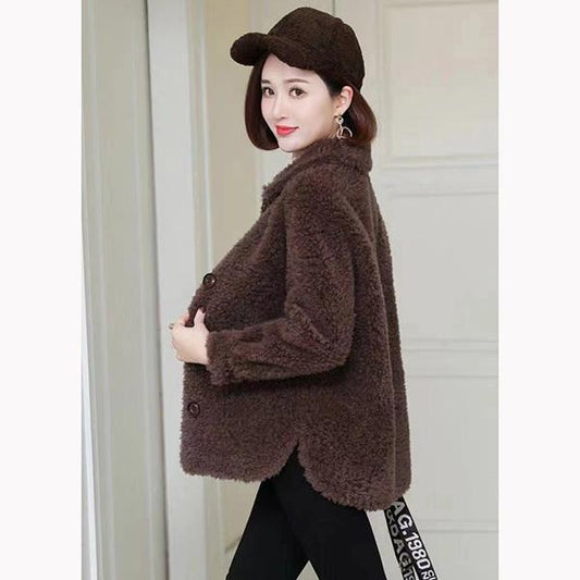 Plus Velvet Coat Women's Faux Lamb Fleece All-match Thick Coat Lapel Warm Large Size Coat Solid Color Casual Spring Autumn Jacket