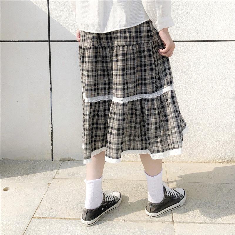 Lace Folds Plaid Skirt Girls Women High Waist A-line Mid-length Half Skirt Thin Daily Student School