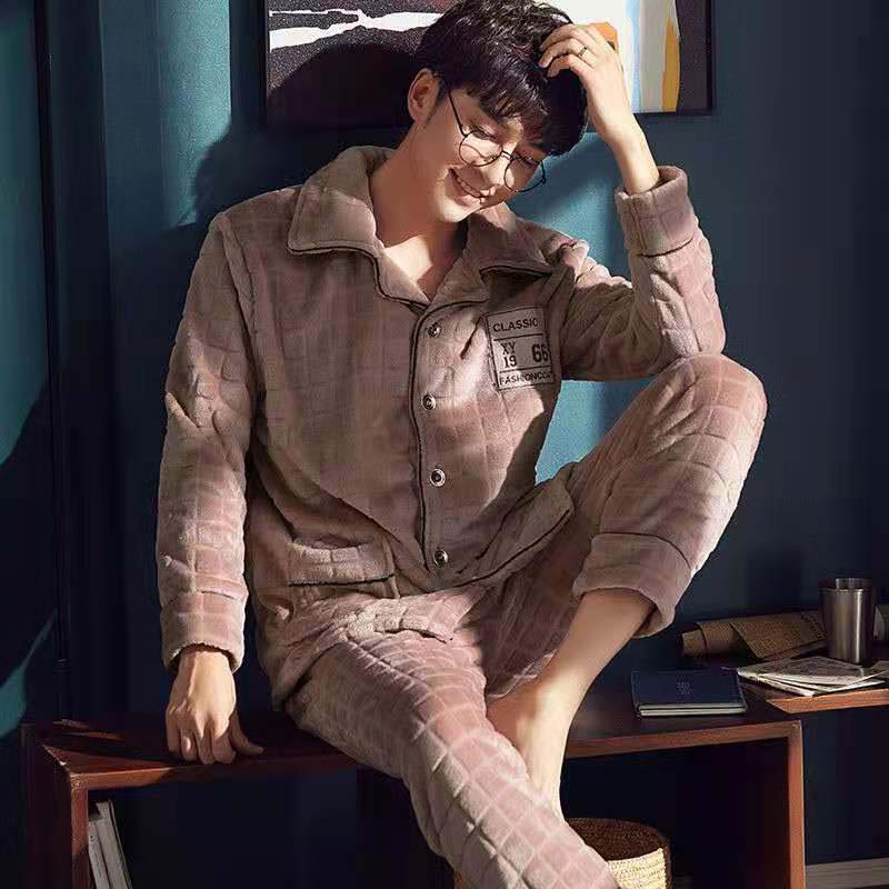 Coral Fleece Pajamas Men's Autumn and Winter Thickening Plus Fleece Young and Middle-aged Long-sleeved Cardigan Home Service Suit