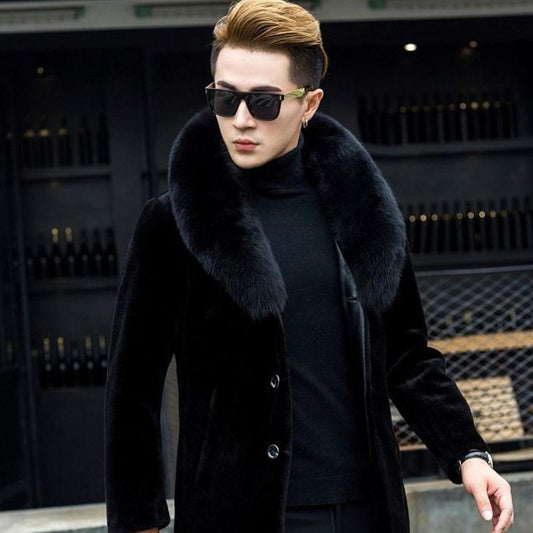 Thicken Plus Fleece Warm Jacket for Autumn and Winter Fashion Trend Handsome Black Button Big Fur Collar Men Jacket