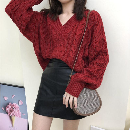 Autumn and Winter Fashion Casual Jacket Red Thick Sweater Loose Short Youth Women Pullover