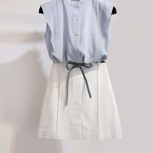 Women's Skirt Set Summer Cotton and Linen 2 Piece Set Ruffled Sleeveless Shirt Top Short A-line Skirt Two-piece Set for Work