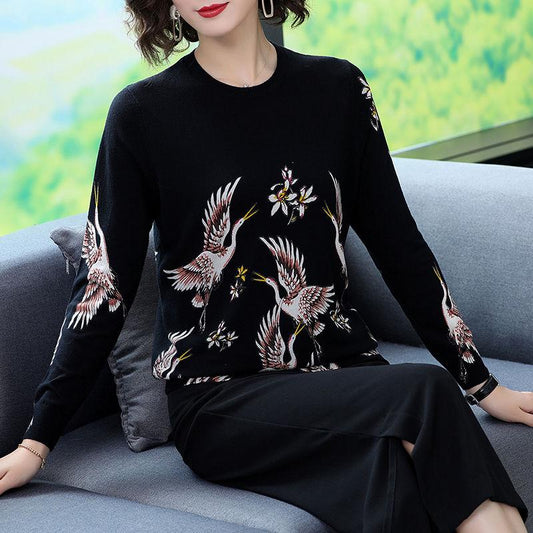 Autumn and Winter Plus Size Retro Printed Cardigan Women Middle-aged Cashmere Knitted bottoming Sweater