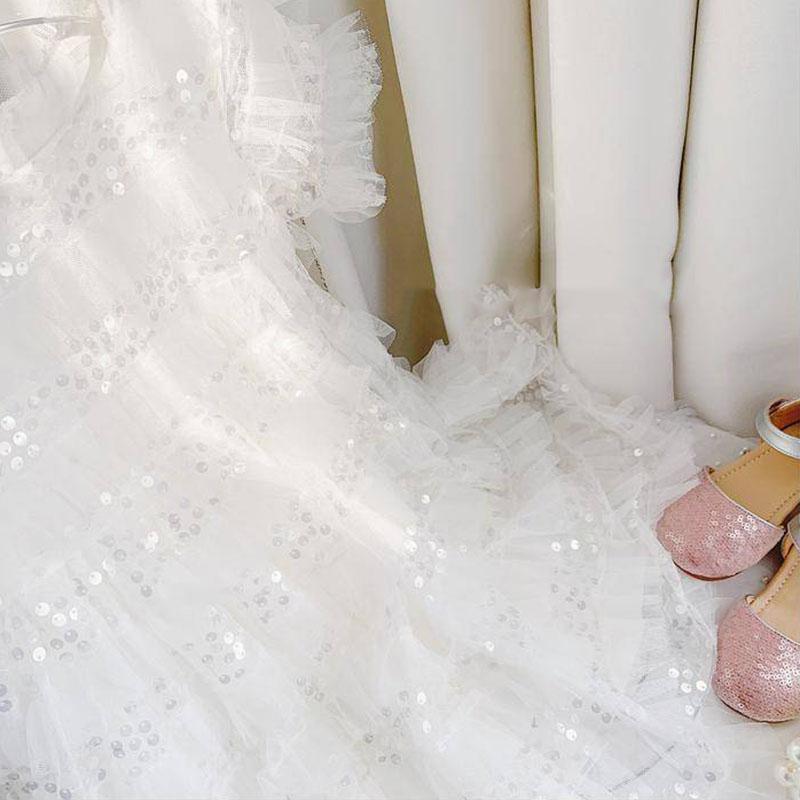 Girls White Fluffy Princess Dress Sequins Sweet Baby Summer Dress Mesh Short Sleeve Large Skirt Dress