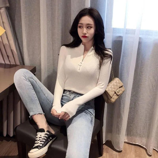 Half Turtleneck Knitted Bottoming Shirt Women's Inner Zipper Sweater Women's Western Style All-match Top Women's