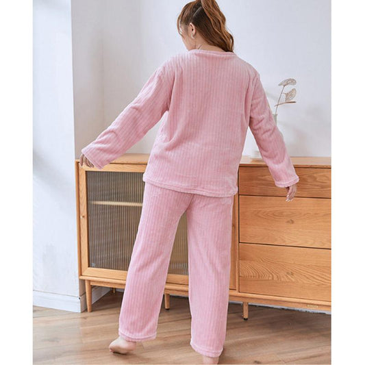 Women's Velvet Pajamas Set Thickened Oversize 6XL Warm Suit Long-sleeved Round Neck Vertical Striped Homewear Out Wear Loose Pajamas Two-piece Set