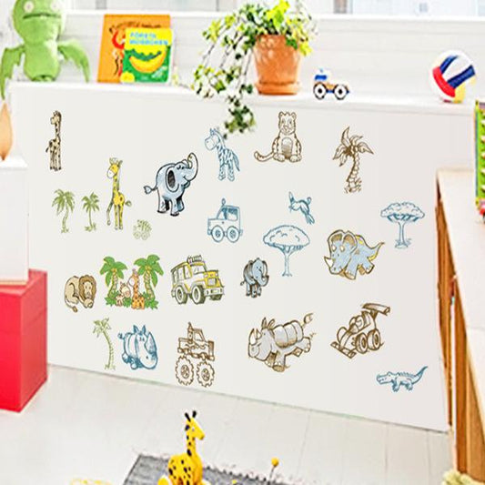 room removable wall stickers Cartoon 13 animal trucks coconut tree combination sticker
