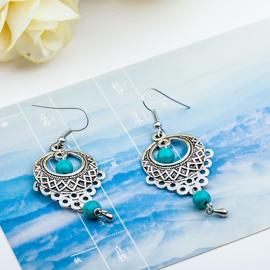 Fashion Vintage Ethnic Style Openwork Turquoise Water Drop Earrings Bohemian Tassel Earrings Jewelry
