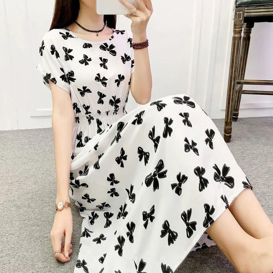 Summer Plus Size Long Dress Bow Tie Print Short Sleeve Dress Casual Comfort Cotton Dresses for Youth Lady