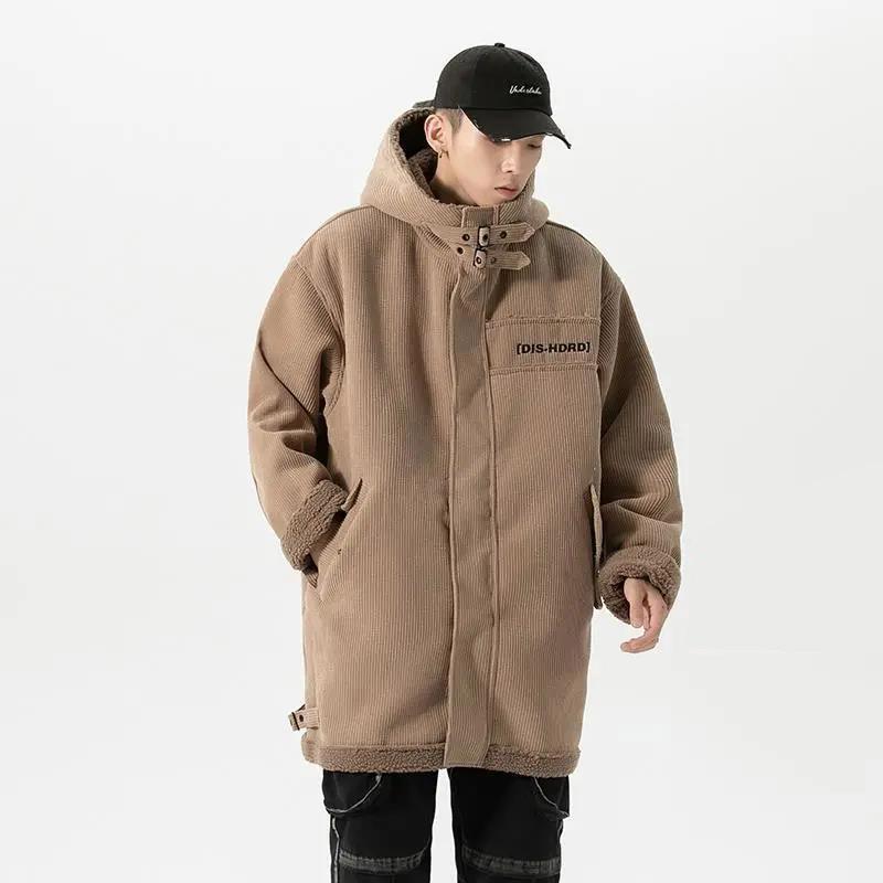 Men's and Women's Winter Thickening and Velvet Mid-length Corduroy Jacket with Hood and Large Size Lamb Velvet Jacket