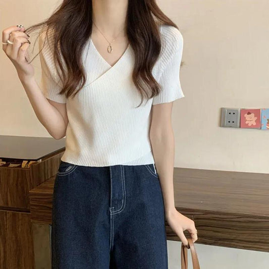 Summer Irregular Cross V-neck Short-sleeved Knitted Sweater Girls Fashion Elegant Thin Top