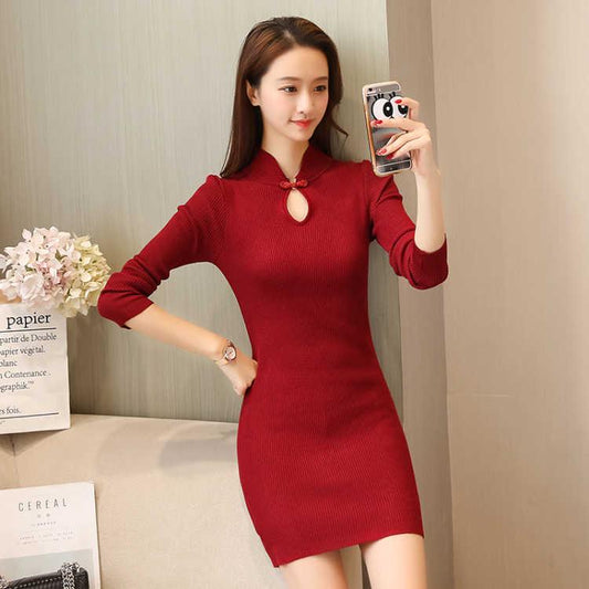 Winter China Style Traditional Buckle Bottom Sweater Dress Sexy Slim Knitted Skirt Bodycon