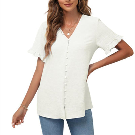 Spring and Summer Women's Casual Ruffled Short-sleeved V-neck Button-up Top European and American Solid Color Shirt
