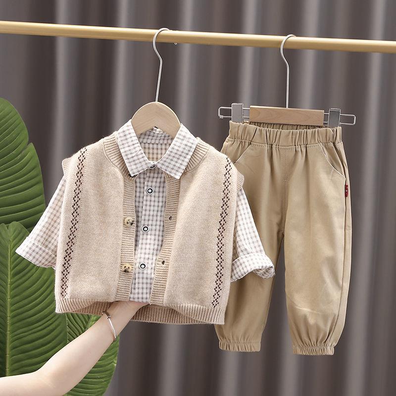 Three-piece Suit Boys and Girls Korean Sweater Vest Suit Spring and Autumn Loose Suit Shirt Trousers Sets Casual Suit