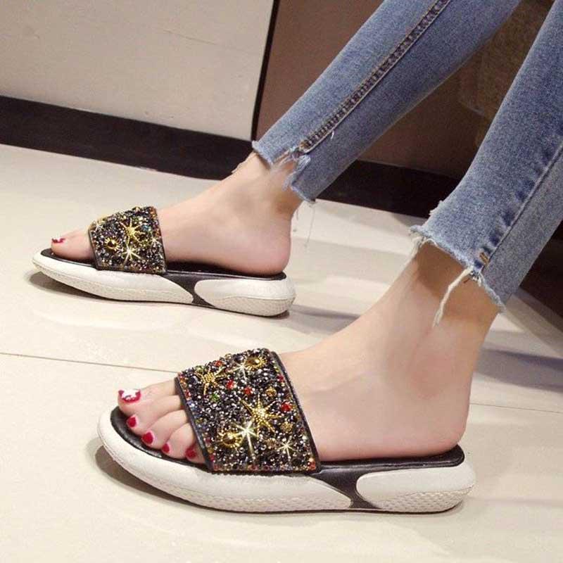 Size35-40 Summer Women Flat Slippers Bohemian Beach Wear-resistant Non-slip Slippers Wedge Platform Leopard Print Sandals Outdoor Crystal High Heels