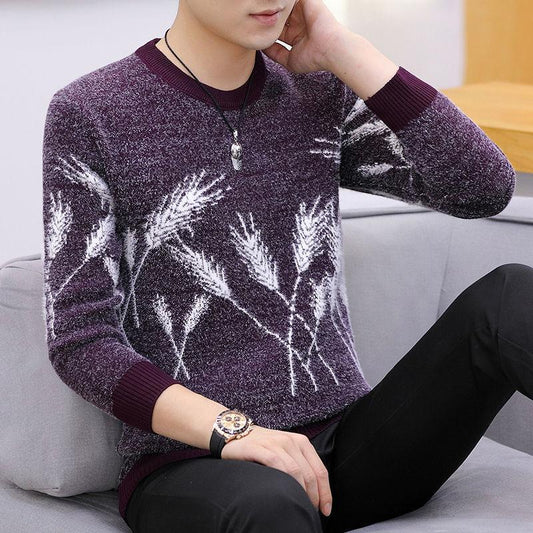 Autumn and Winter Men's Low-neck Sweater Fashion Padded Sweater Wheat Ear Pattern Long-sleeved Top
