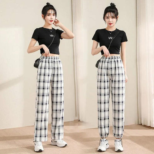 Black and White Plaid Loose Plus Size Pants Female Small Student Summer Thin All-match Casual Sports Pants