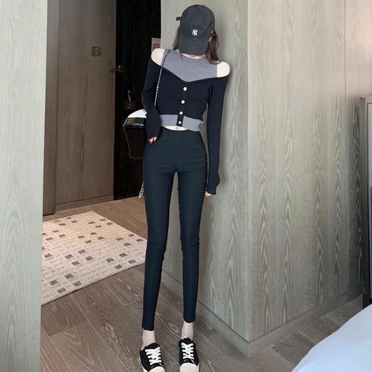 Spring and Autumn Fashion One-shoulder Top Slim Long-sleeved Sexy Sweater Fashion Stitching Strapless Jacket