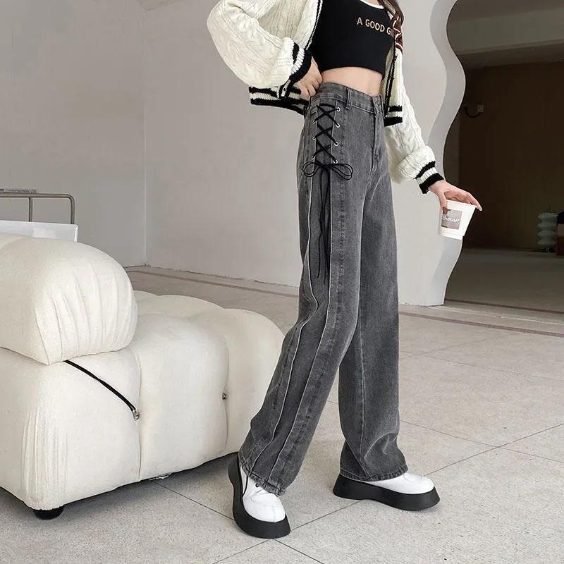 Women's Jeans Loose Wide Legs Straight Smoke Grey Pants High Waist Thin Strap Personality Jeans Punk Style Trousers