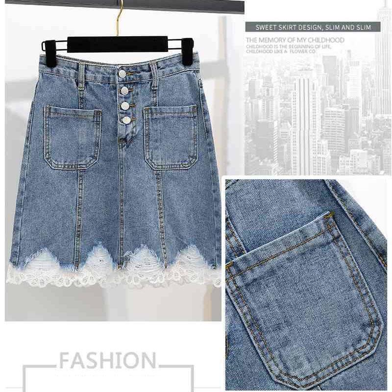 Lace Side Korean Students High Waist Denim Skirt Half Skirt Spring and Autumn Net Red New Hip A-shaped Skirt Two Pieces